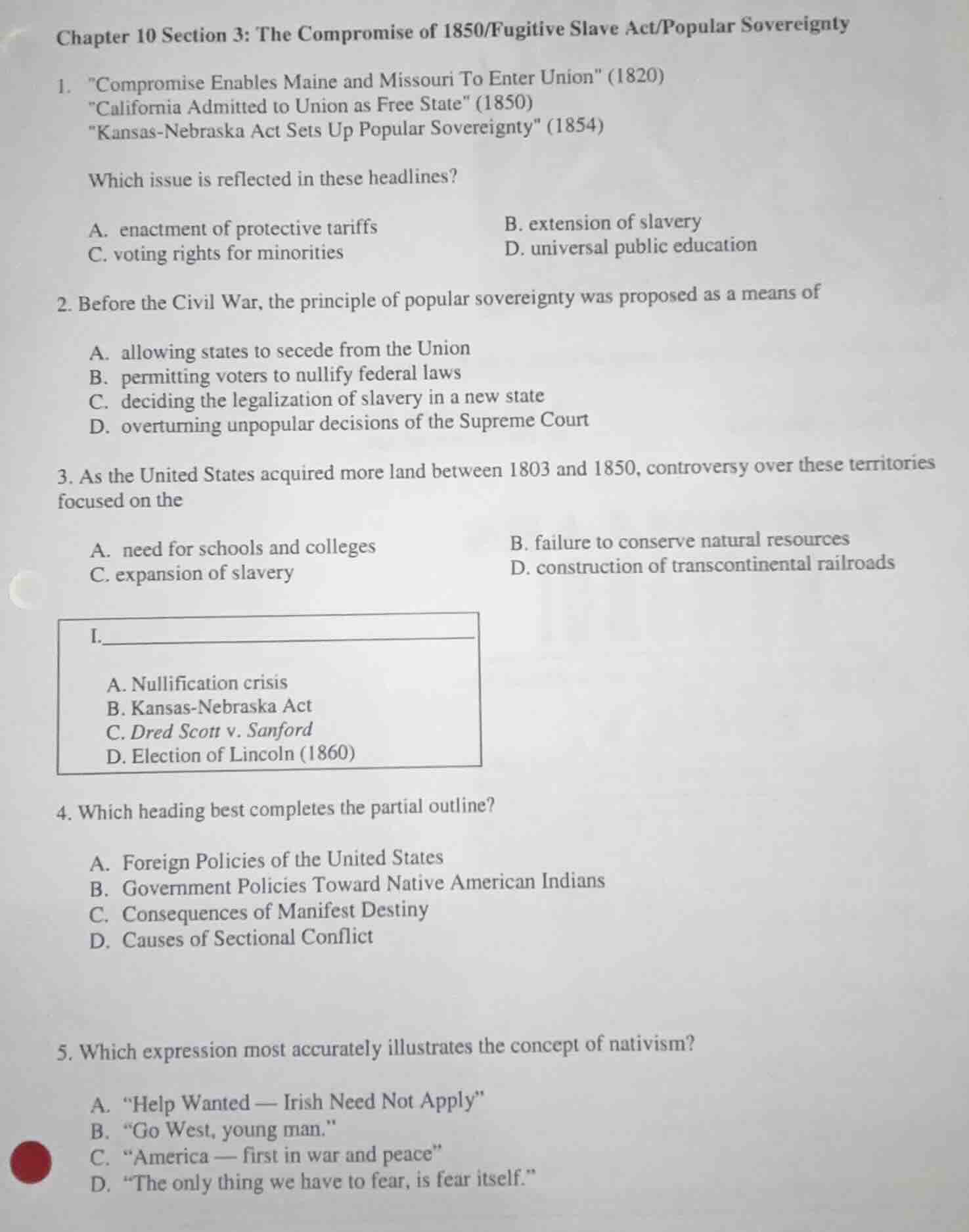 chapter 10 section 3: the compromise of 1850/fugitive slave act/popular…
