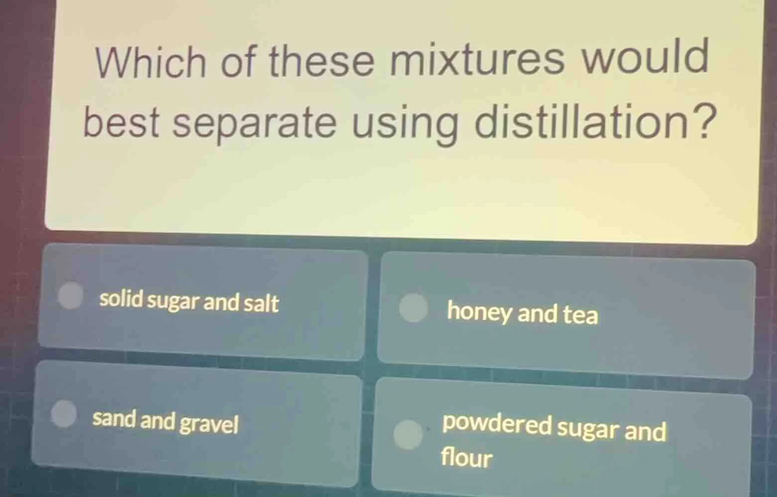 which of these mixtures would best separate using distillation? solid s…