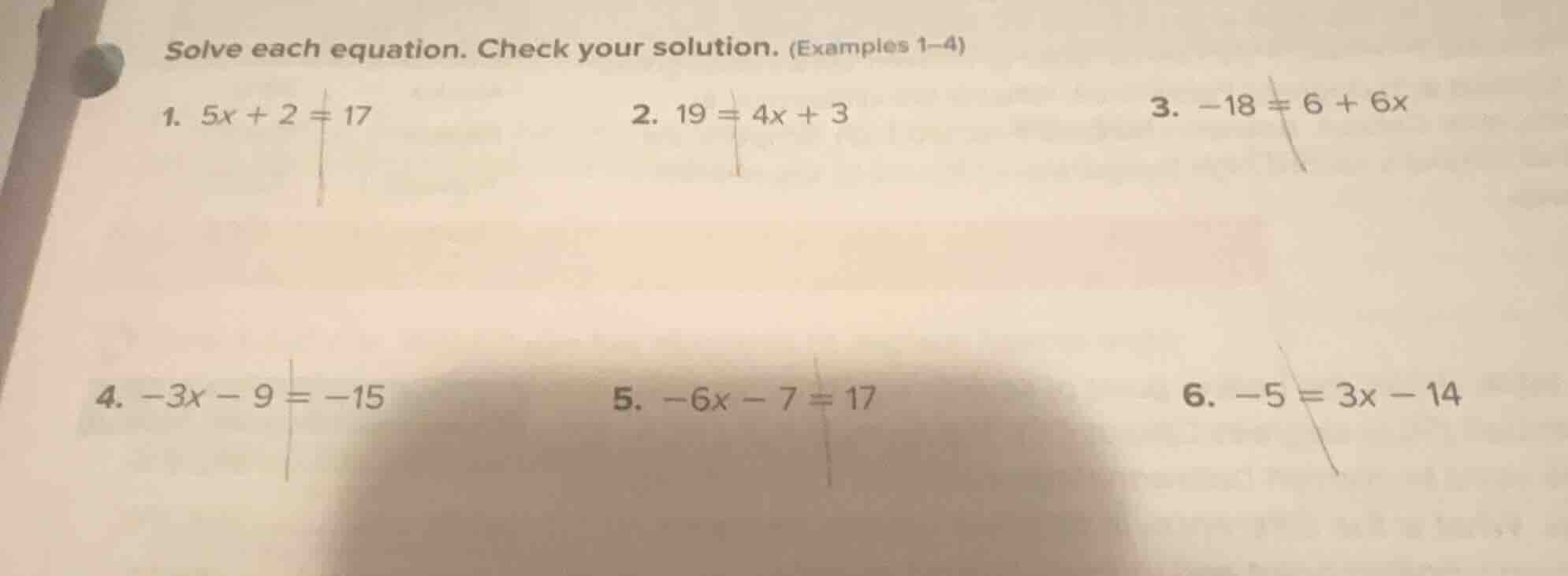 solve each equation. check your solution. (examples 1–4) 1. $5x + 2 = 1…