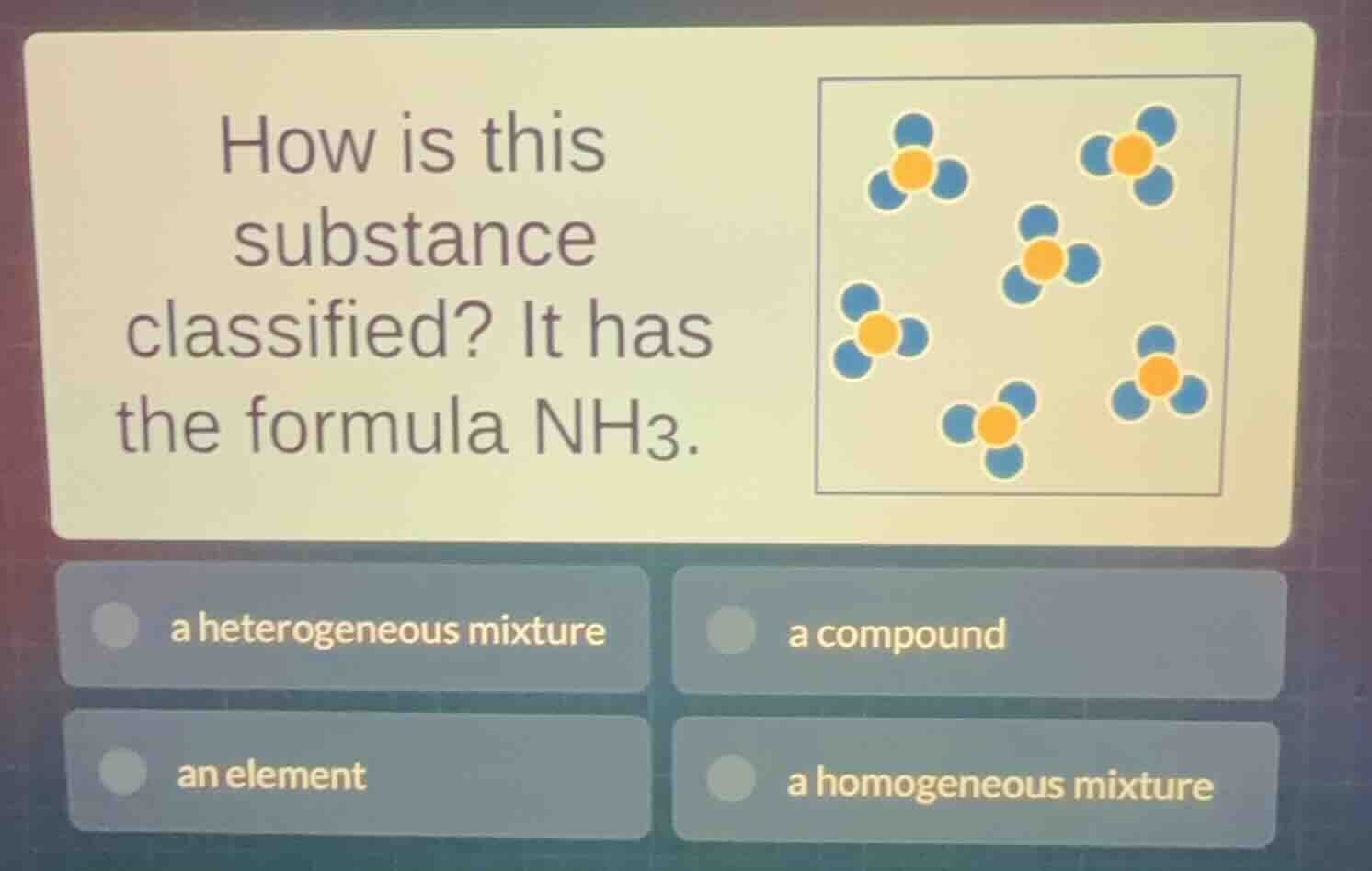 how is this substance classified? it has the formula nh₃. image of mole…