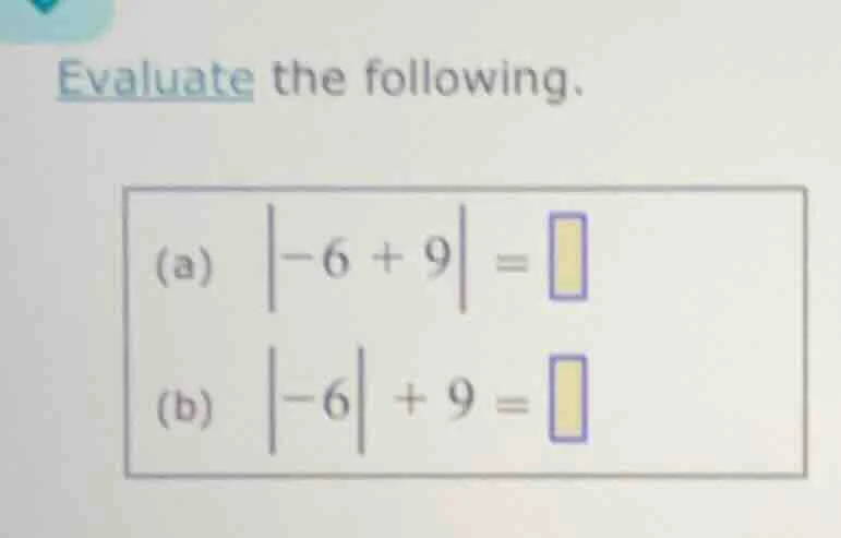 evaluate the following. (a) \\(|-6 + 9| = \\square\\) (b) \\(|-6| + 9 =…
