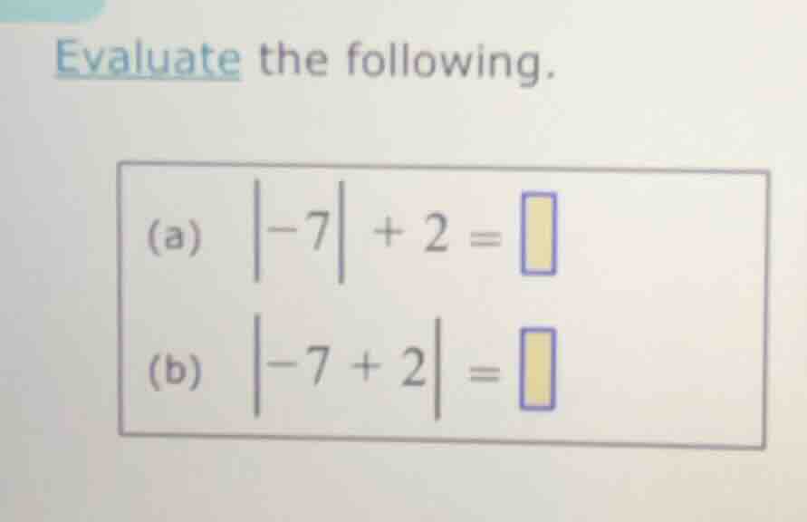 evaluate the following. (a) $vert -7 vert + 2 = \\square$ (b) $vert -7 …