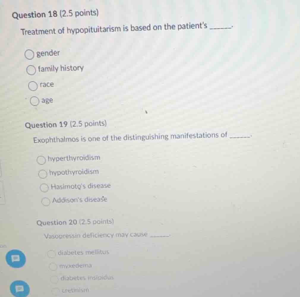 question 18 (2.5 points) treatment of hypopituitarism is based on the p…