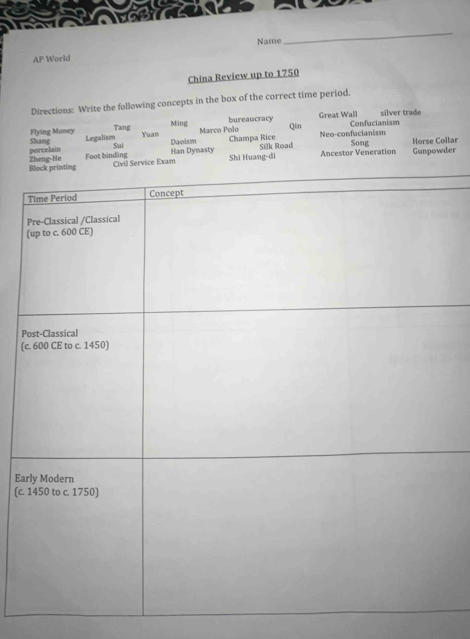 ap world name china review up to 1750 directions: write the following c…