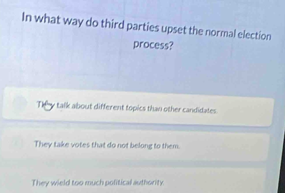 in what way do third parties upset the normal election process? they ta…