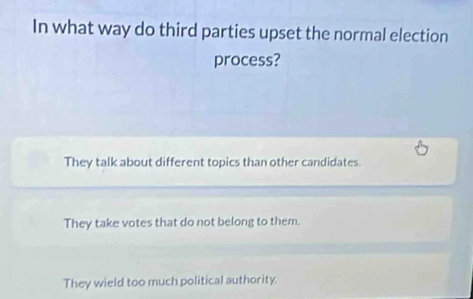 in what way do third parties upset the normal election process? they ta…