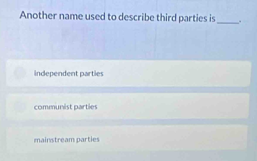 another name used to describe third parties is _____. independent parti…