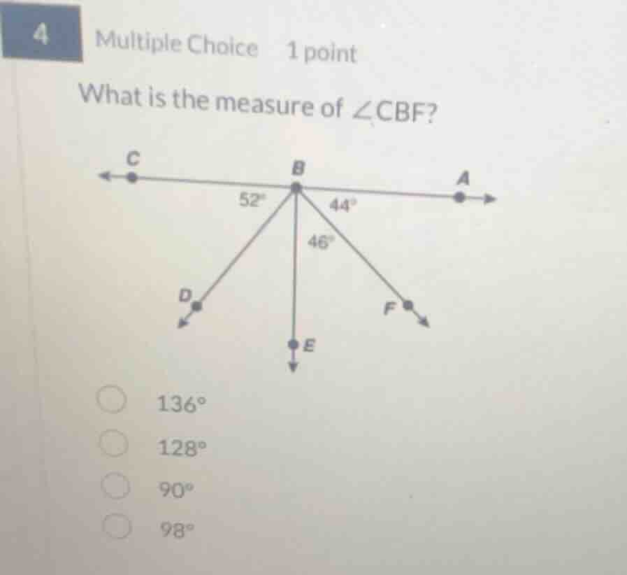 4 multiple choice 1 point what is the measure of ∠cbf? diagram with poi…