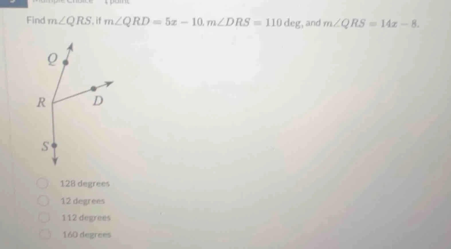 find $m\\angle qrs$, if $m\\angle qrd = 5x - 10$, $m\\angle drs = 110$ …