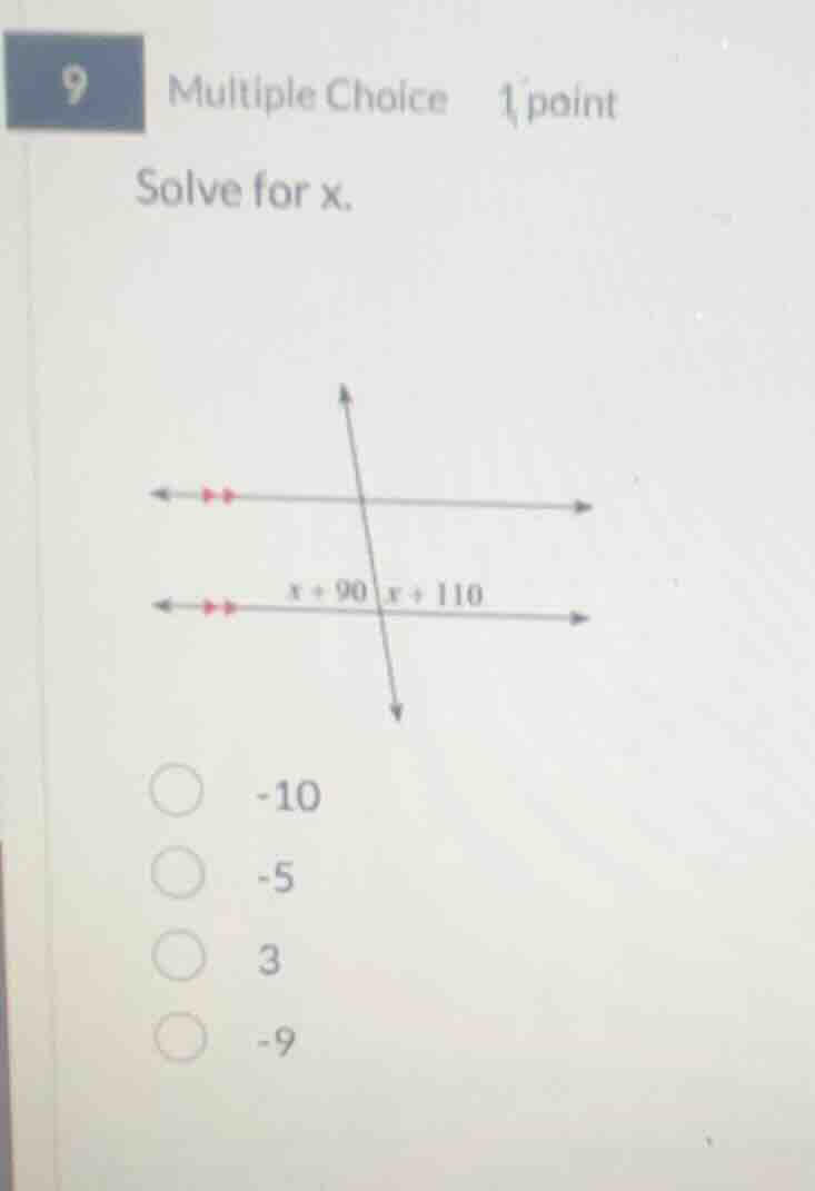 9 multiple choice 1 point solve for x. image of two parallel lines cut …