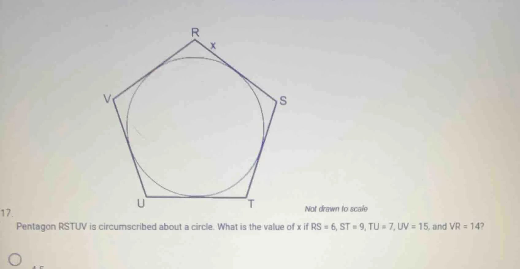 17. pentagon rstuv is circumscribed about a circle. what is the value o…