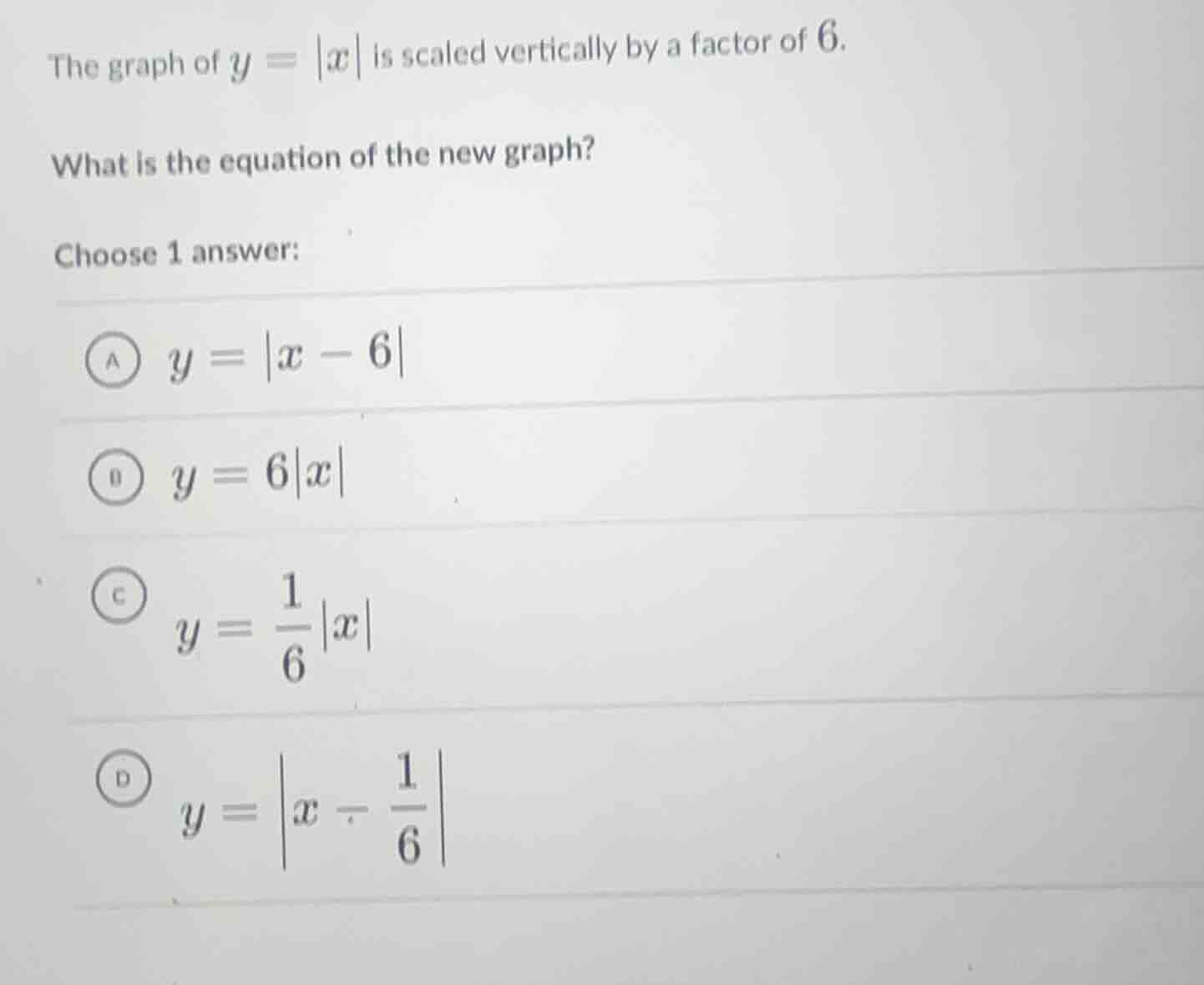 the graph of $y = |x|$ is scaled vertically by a factor of 6. what is t…