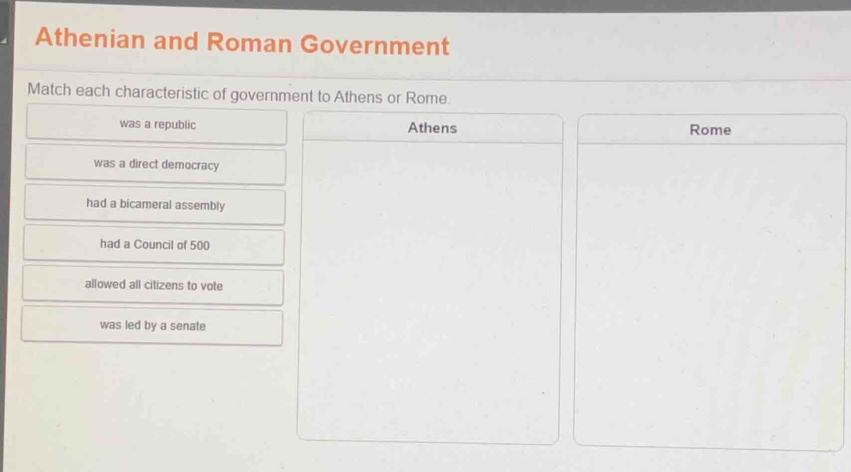 athenian and roman government match each characteristic of government t…