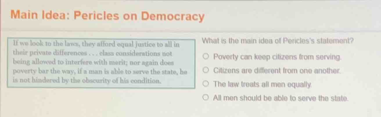 main idea: pericles on democracy if we look to the laws, they afford eq…