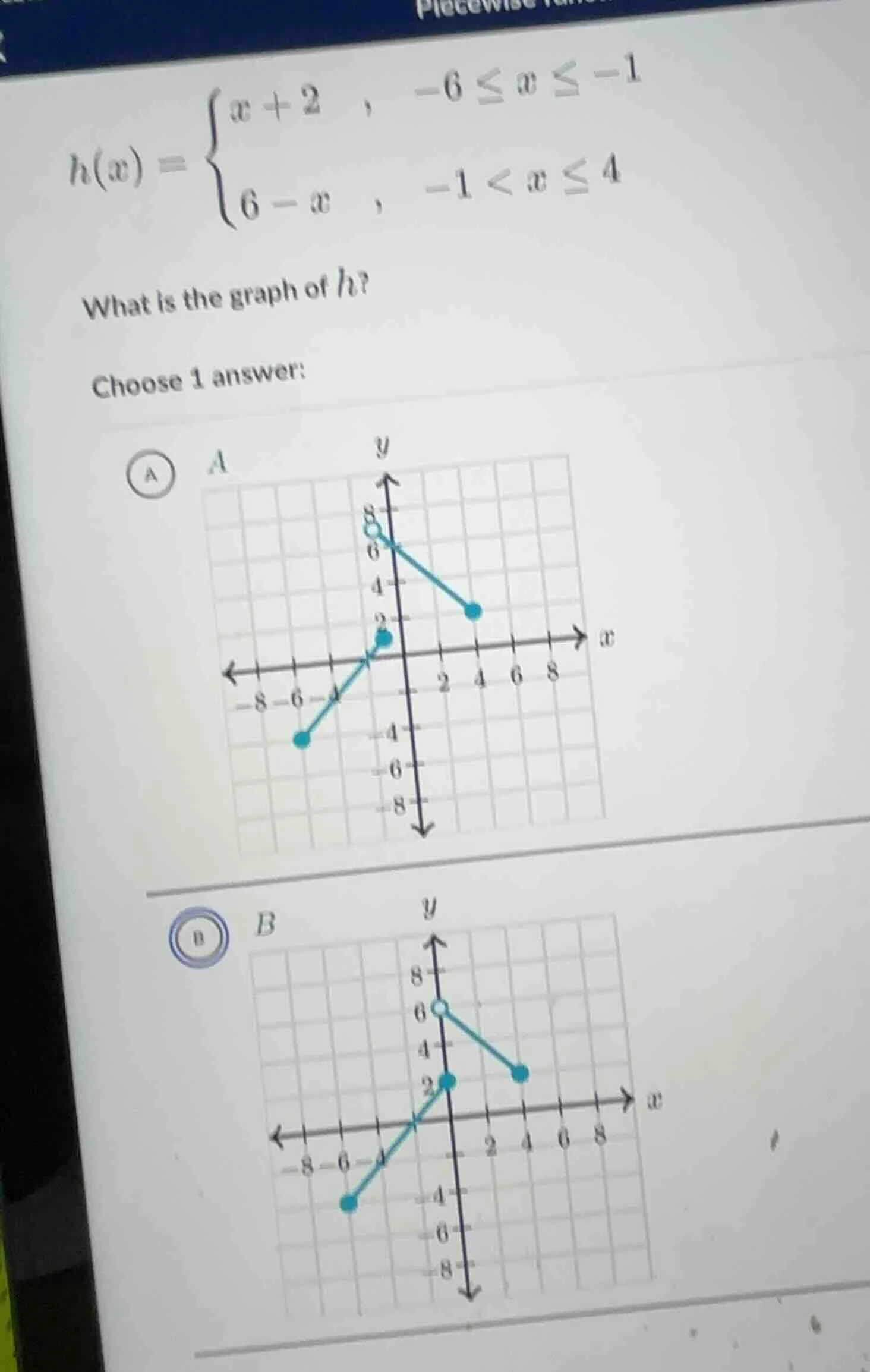 piecewise $h(x) = \\begin{cases} x + 2 , & -6 \\leq x \\leq -1 \\\\ 6 -…