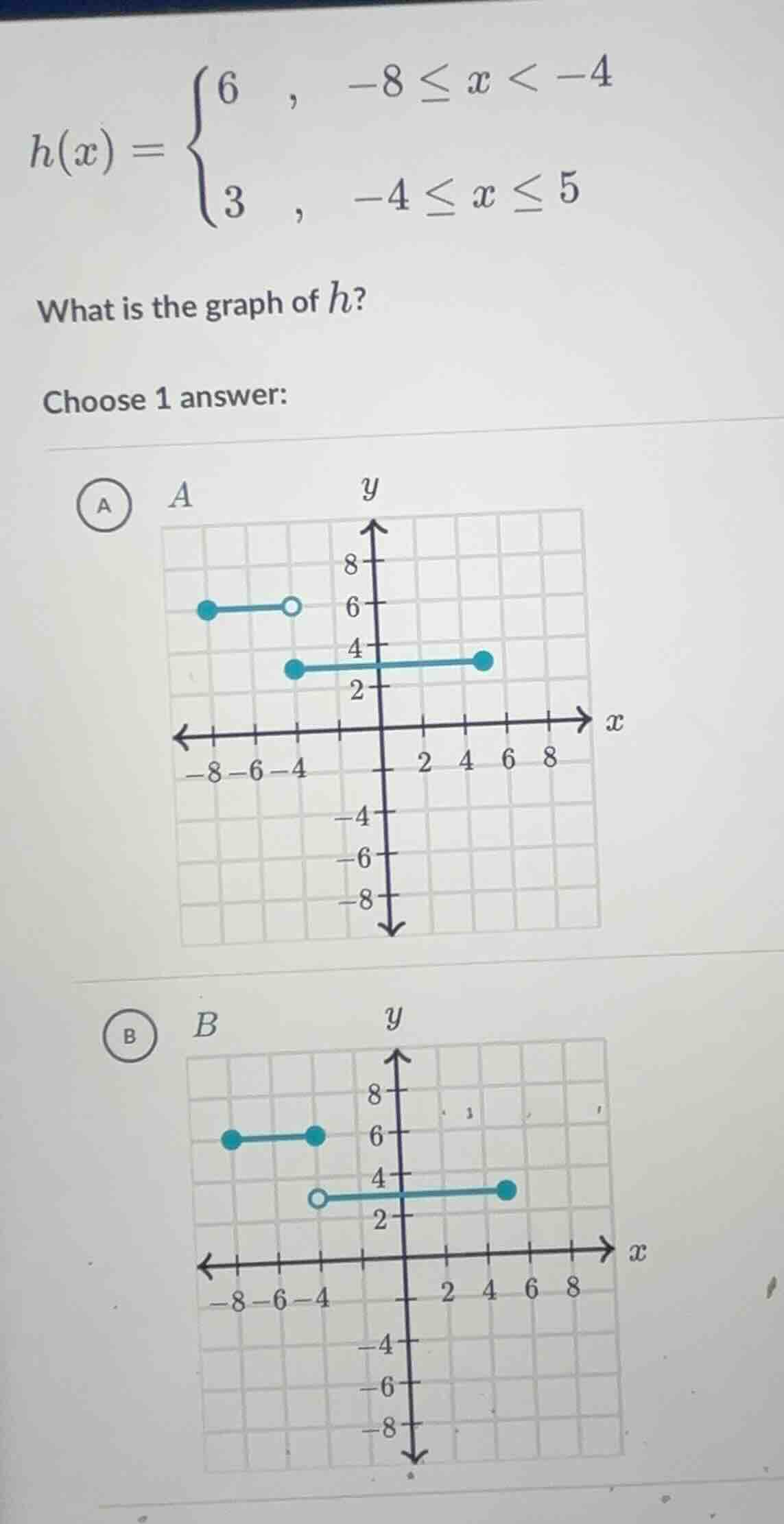 h(x) = \\begin{cases} 6, & -8 \\leq x < -4 \\\\ 3, & -4 \\leq x \\leq 5…