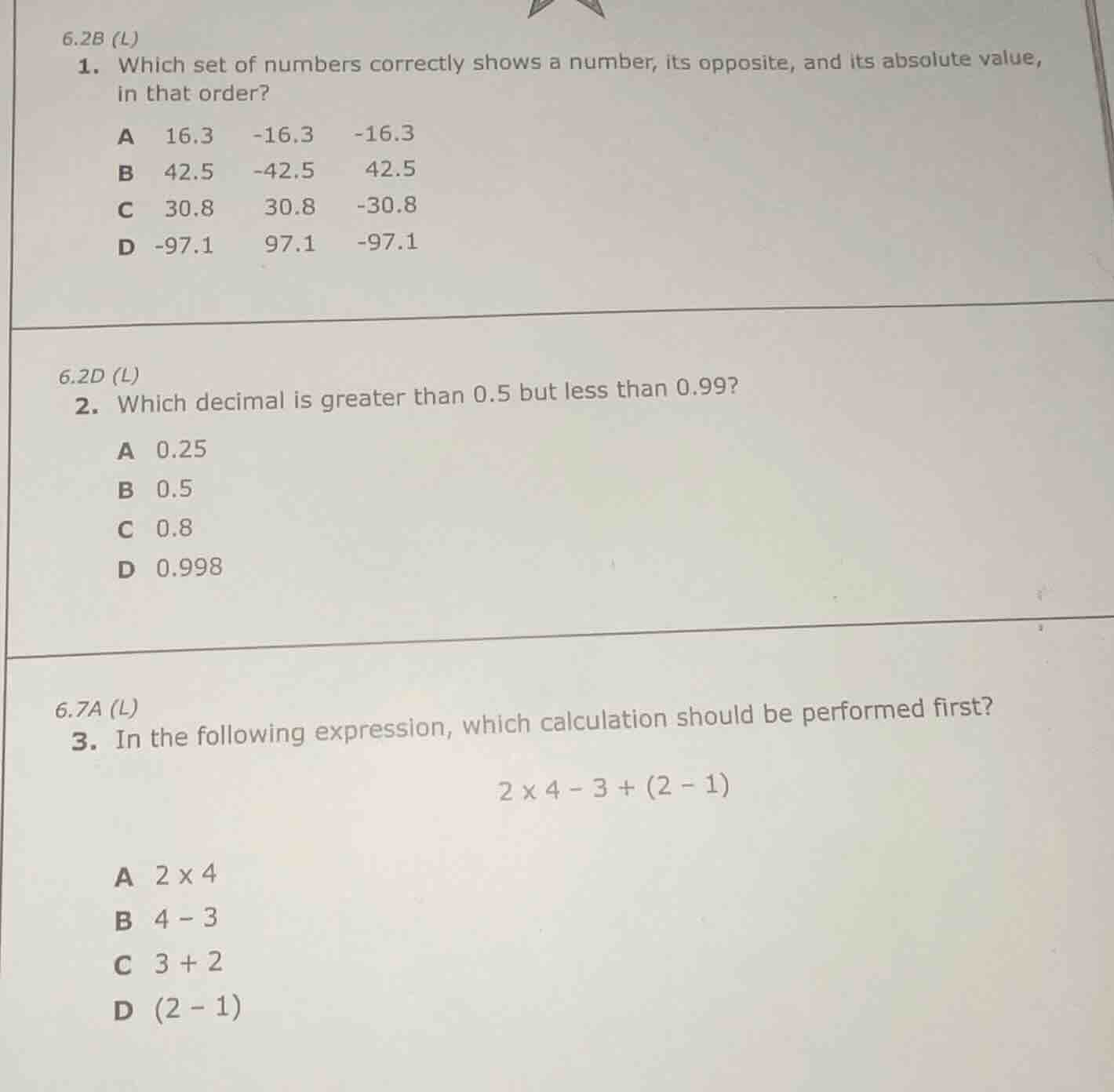 6.2b (l) 1. which set of numbers correctly shows a number, its opposite…