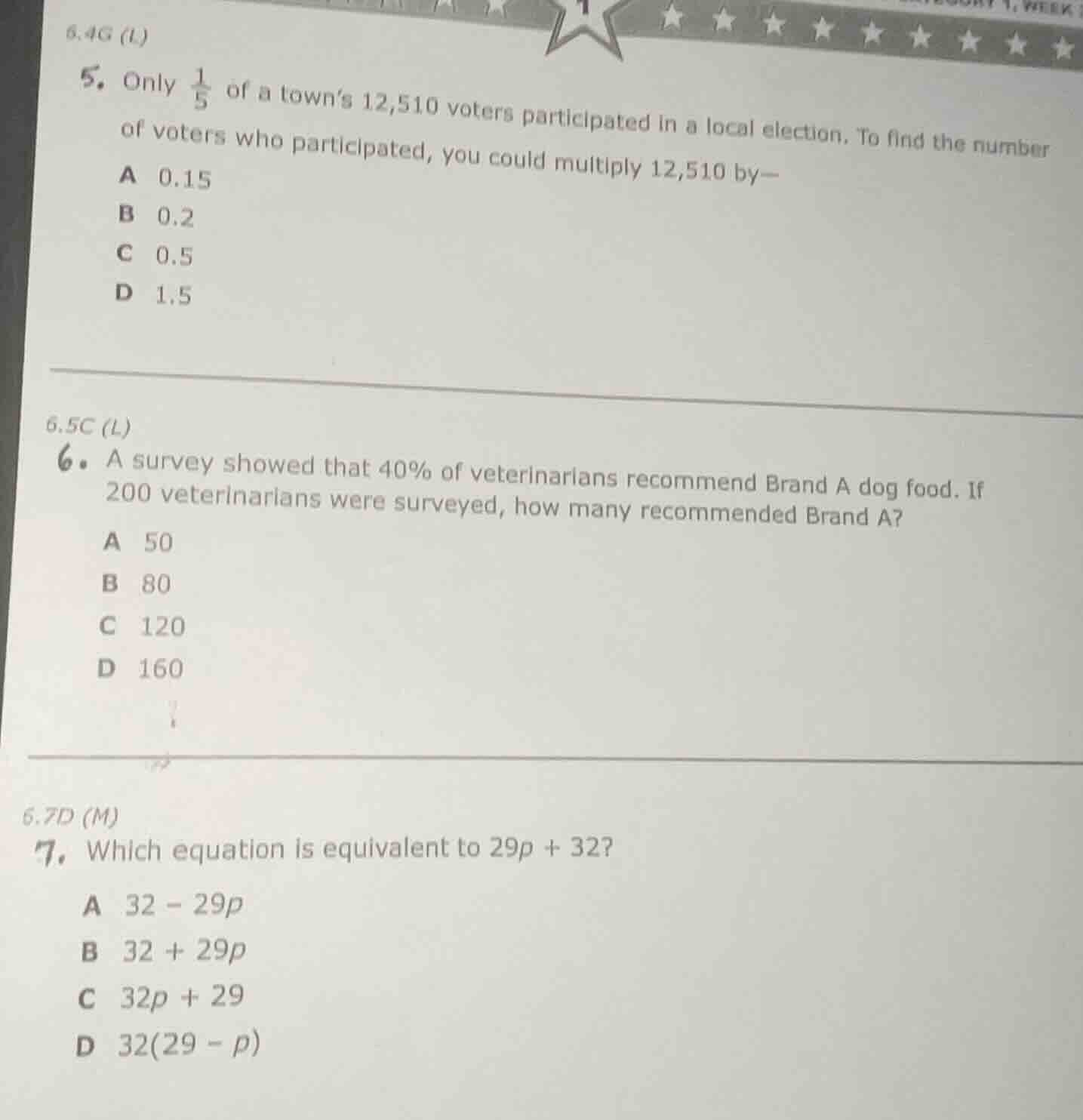 6.4g (l) 5. only \\(\\frac{1}{5}\\) of a town’s 12,510 voters participa…
