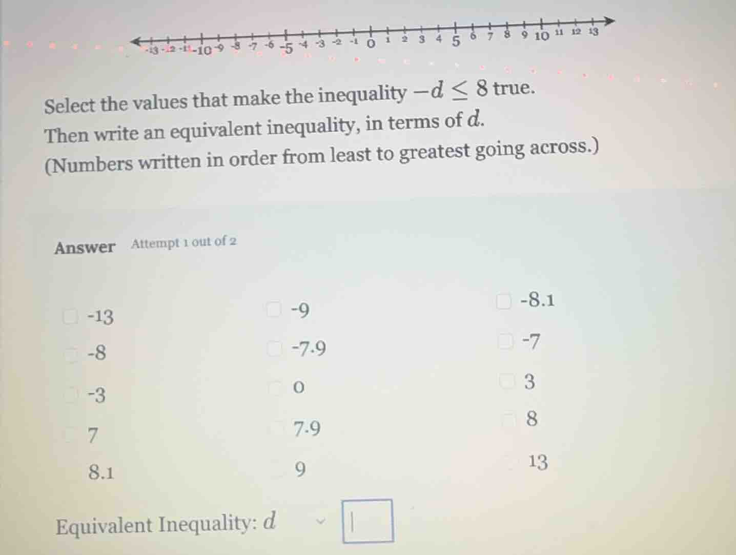 select the values that make the inequality $-d \\leq 8$ true. then writ…