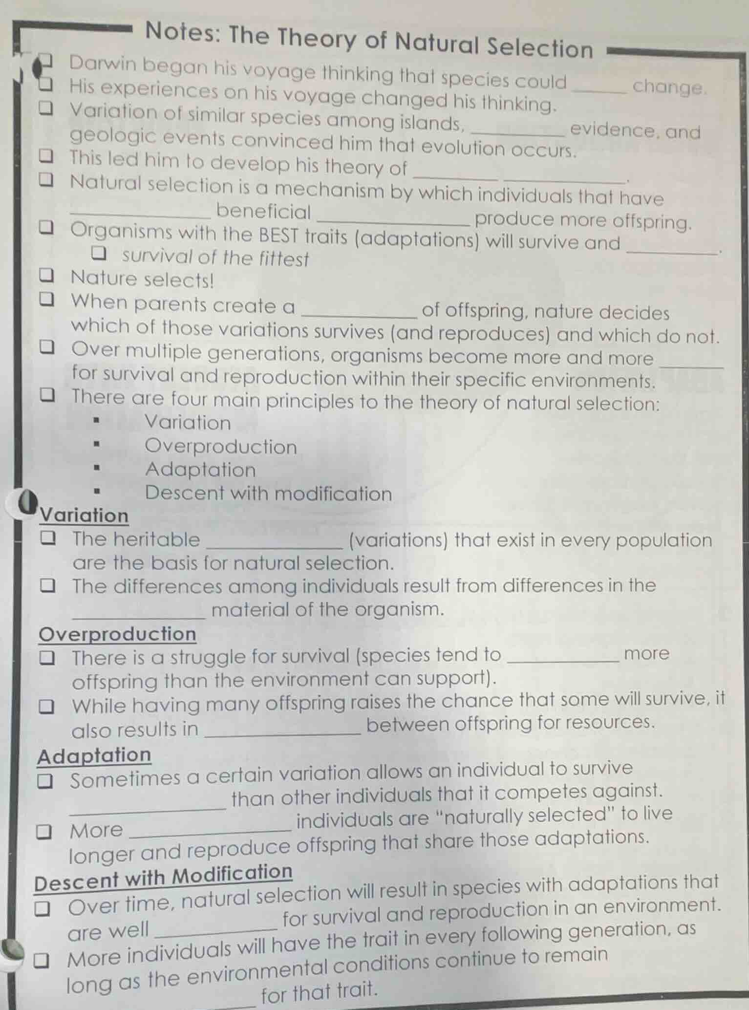 notes: the theory of natural selection darwin began his voyage thinking…