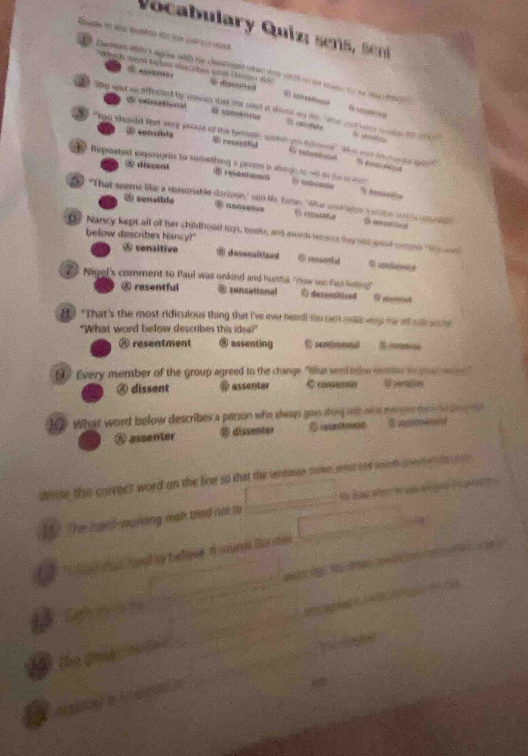 vocabulary quiz choose the correct word. 1. damon didnt agree with the …