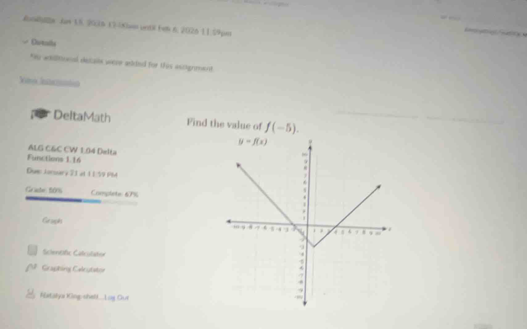 deltamath find the value of f(-5). y = f(x) alg c&c cw 1.04 delta funct…