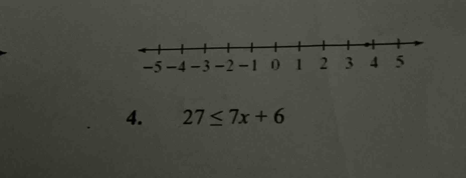 4. \\(27 \\leq 7x + 6\\) (number line from -5 to 5 with a dot near 4)