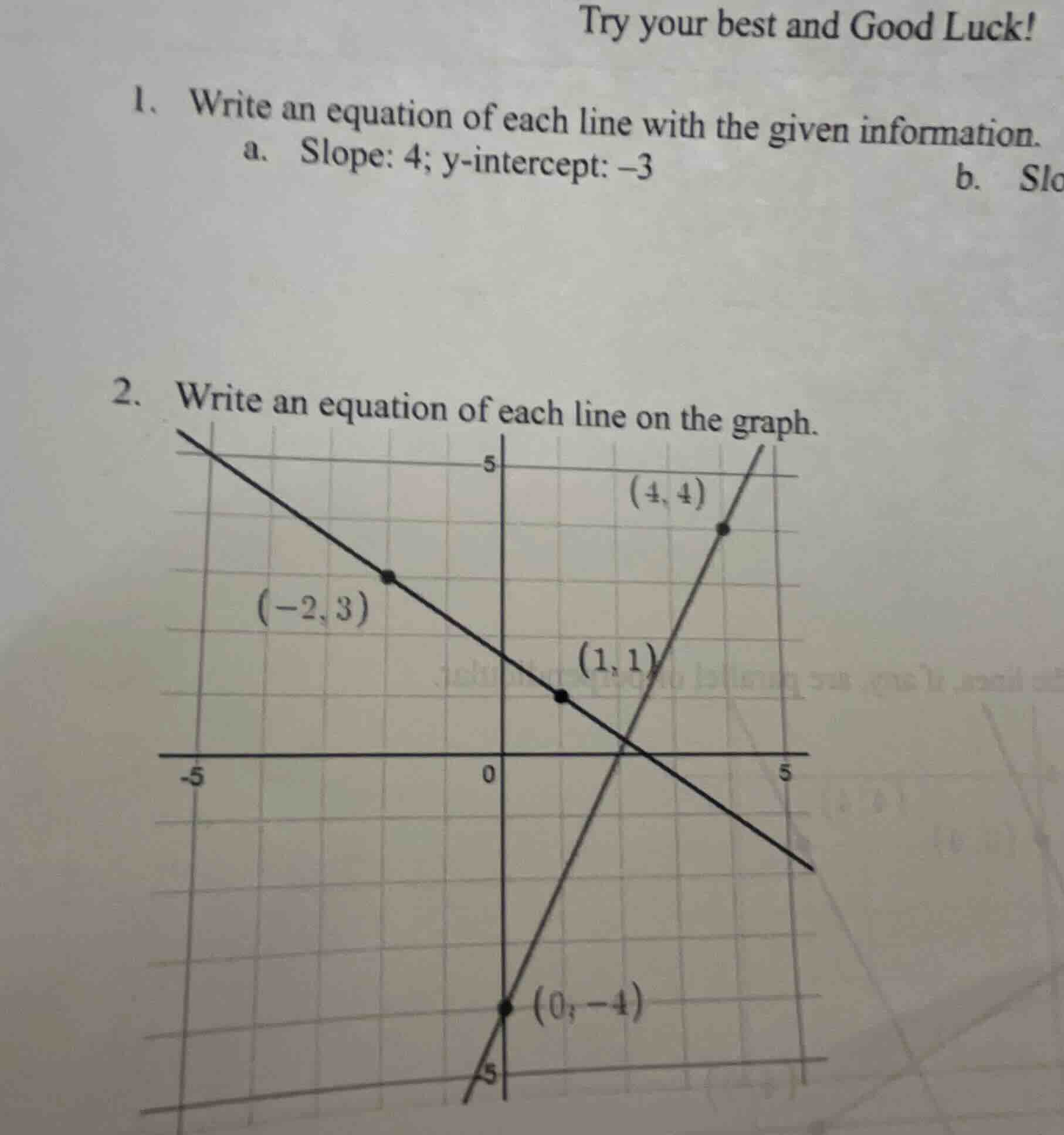 try your best and good luck! 1. write an equation of each line with the…