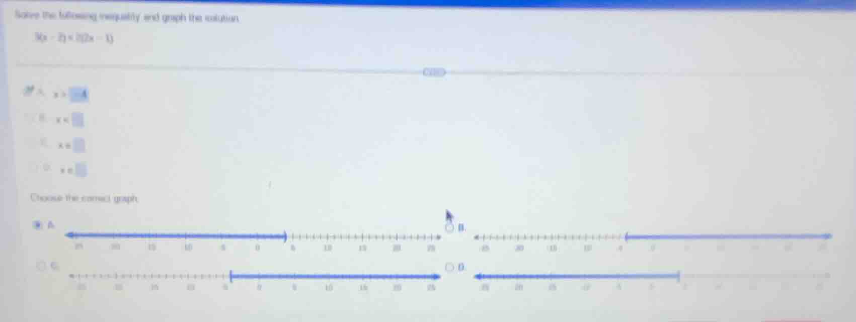 solve the following inequality and graph the solution. $3(x - 2) < 5(2x…