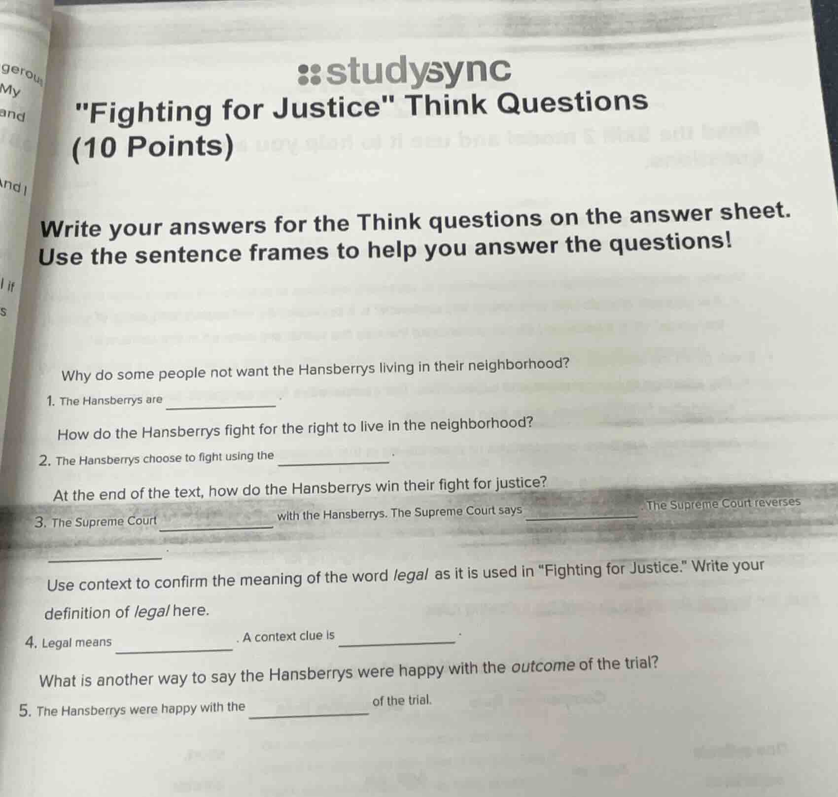 studysync \fighting for justice\ think questions (10 points) write your…