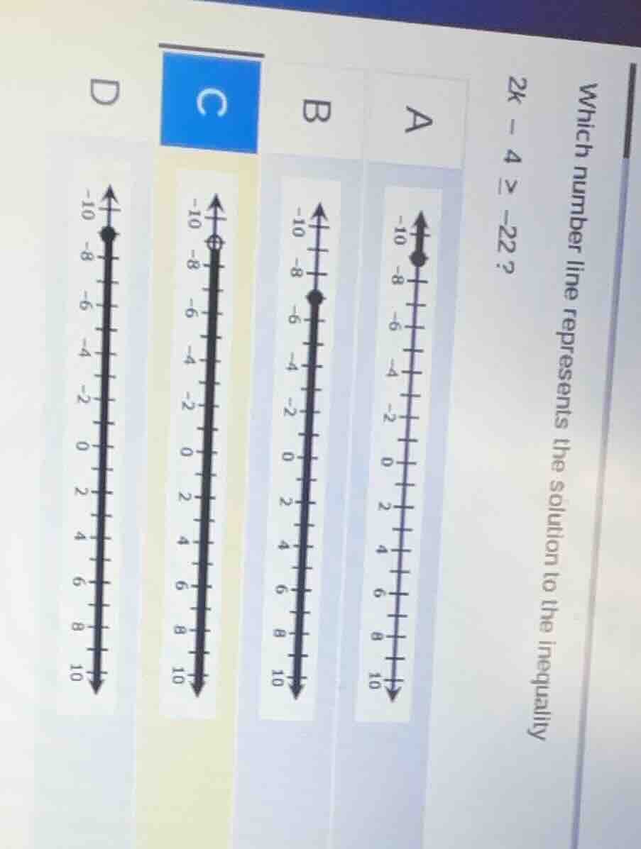 which number line represents the solution to the inequality 2k - 4 ≥ -2…