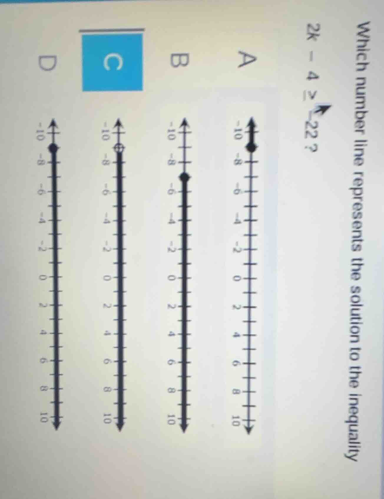 which number line represents the solution to the inequality 2k - 4 ≥ -2…