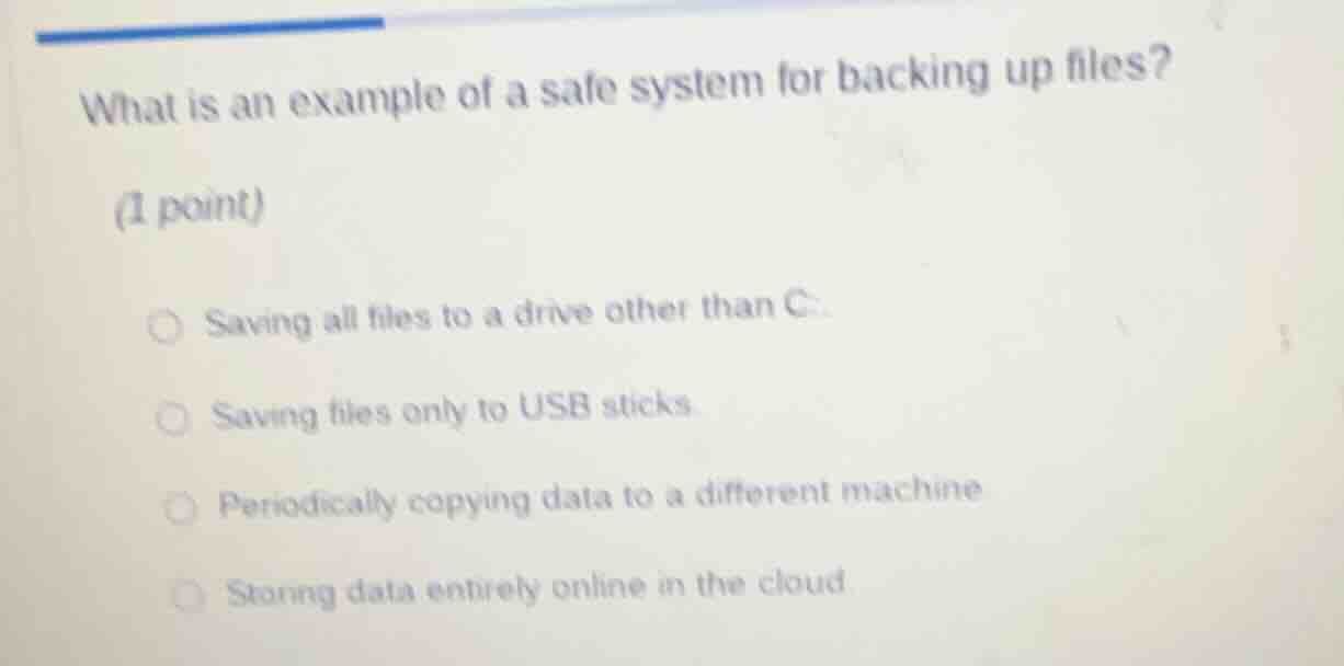 what is an example of a safe system for backing up files? (1 point) sav…