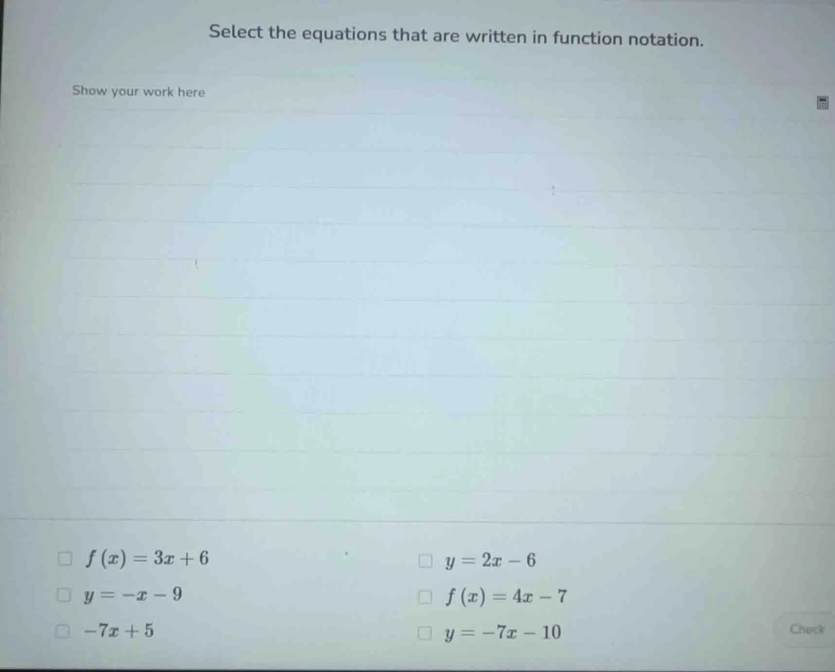 select the equations that are written in function notation. show your w…