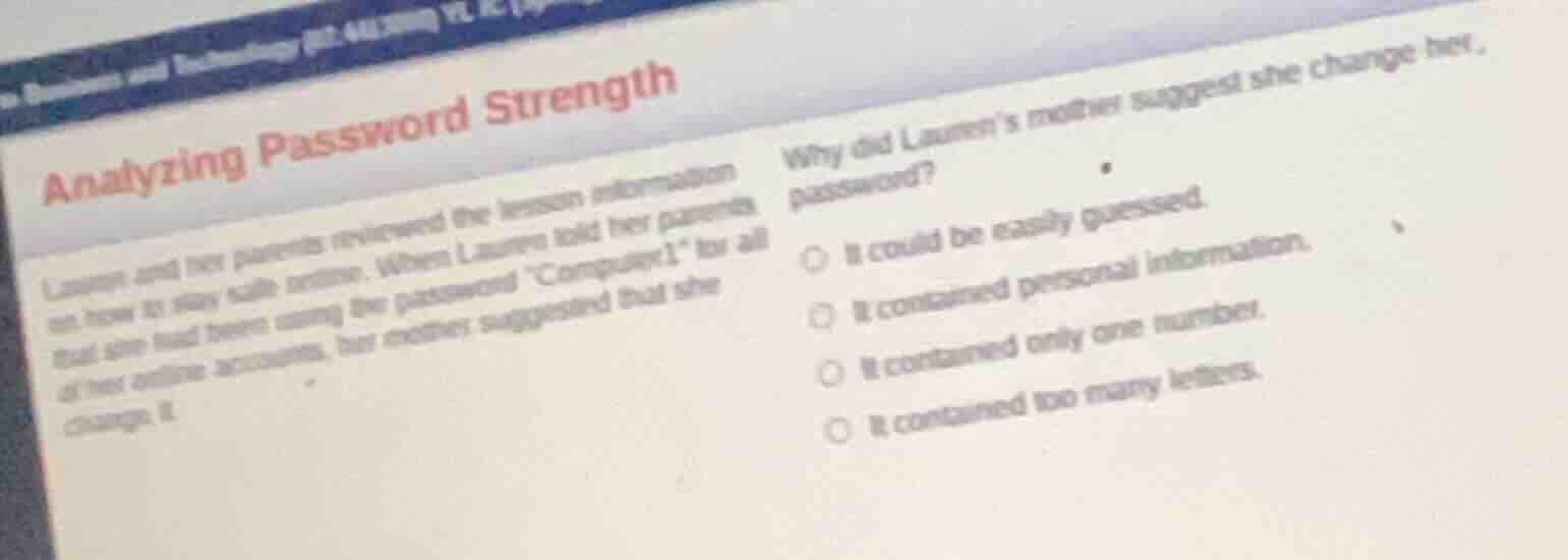 analyzing password strength lauren and her parents reviewed the lesson …