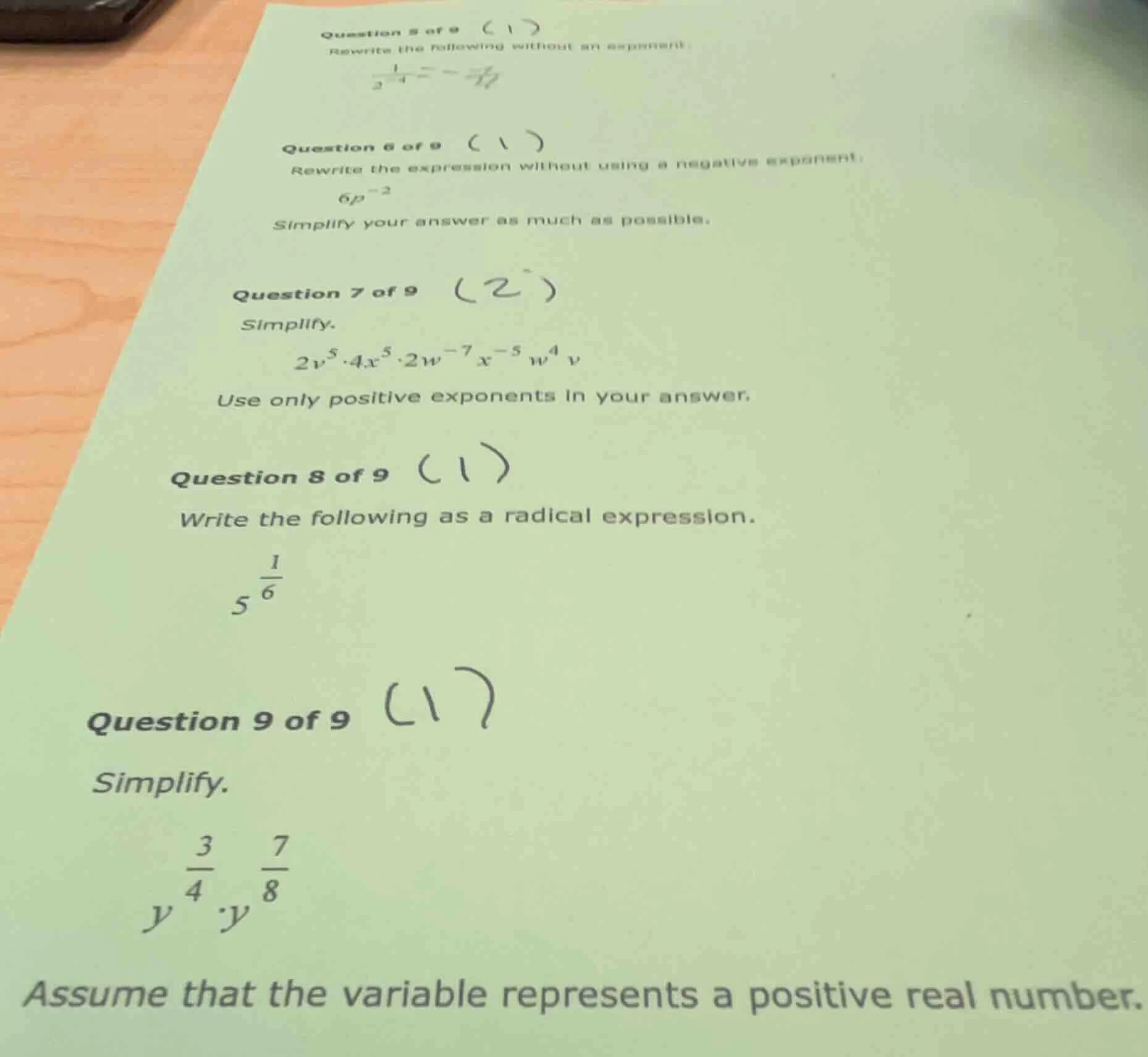 question 5 of 9 (1) rewrite the following without an exponent: \\(\\fra…