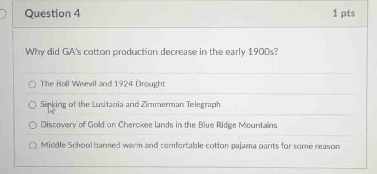 question 4 1 pts why did gas cotton production decrease in the early 19…