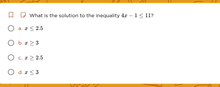 what is the solution to the inequality $4x - 1 \\leq 11$? \\(\\circ\\) …