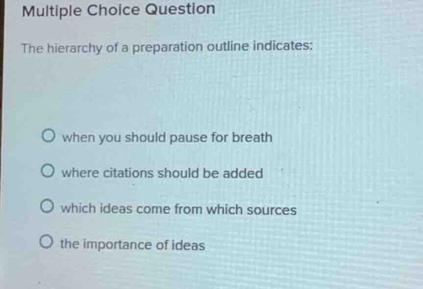 multiple choice question the hierarchy of a preparation outline indicat…