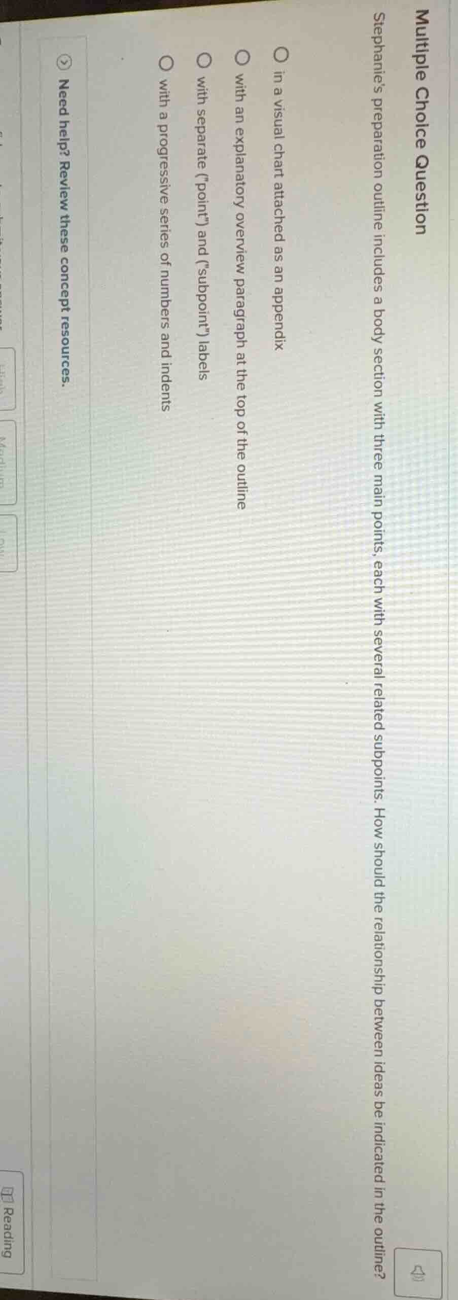 multiple choice question stephanie’s preparation outline includes a bod…