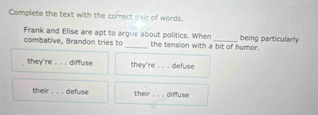 complete the text with the correct pair of words. frank and elise are a…