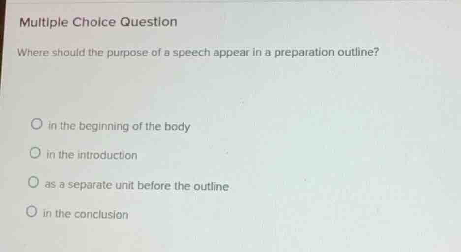 multiple choice question where should the purpose of a speech appear in…