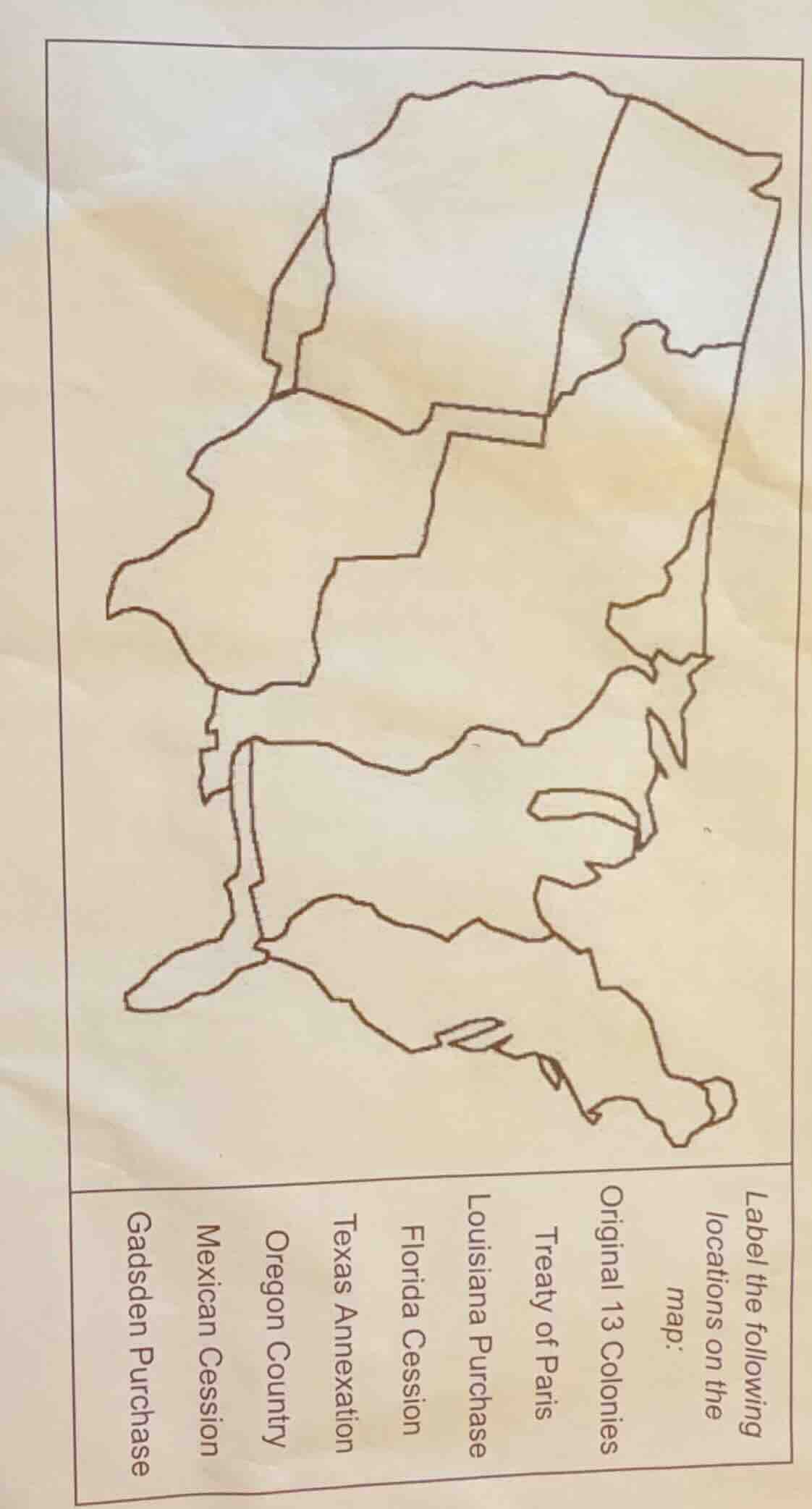 label the following locations on the map: original 13 colonies, treaty …
