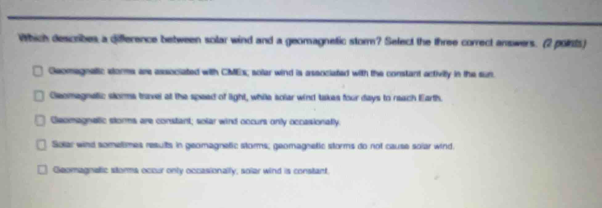 which describes a difference between solar wind and a geomagnetic storm…