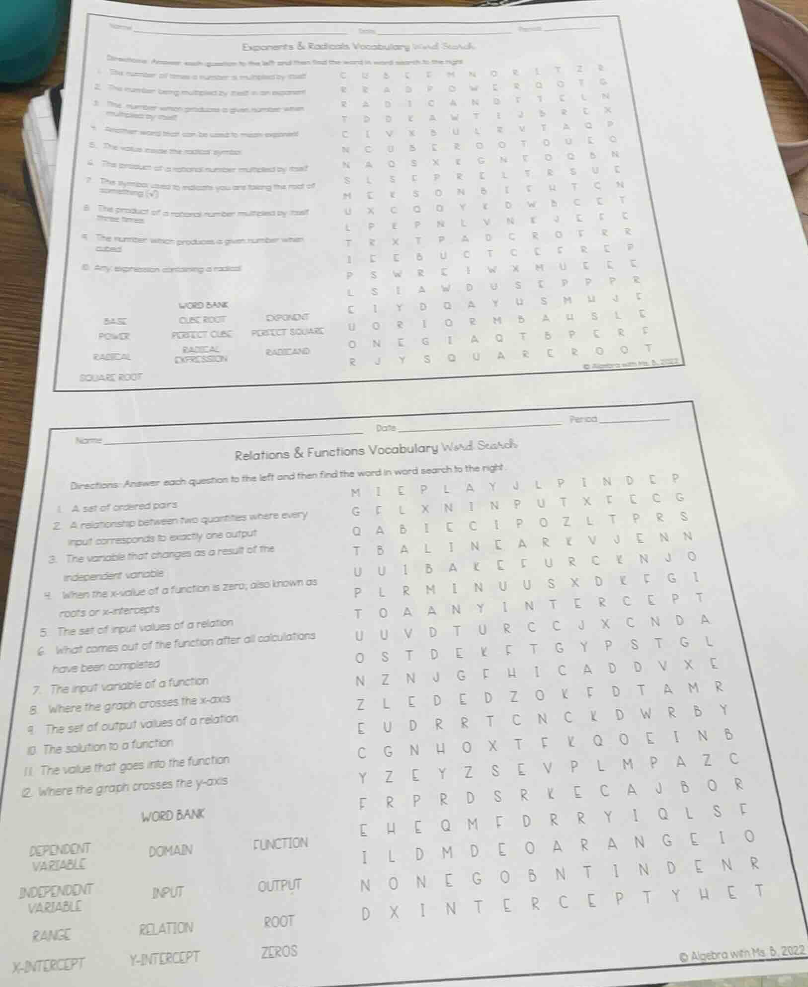name ______ date ______ period ______ exponents & radicals vocabulary w…