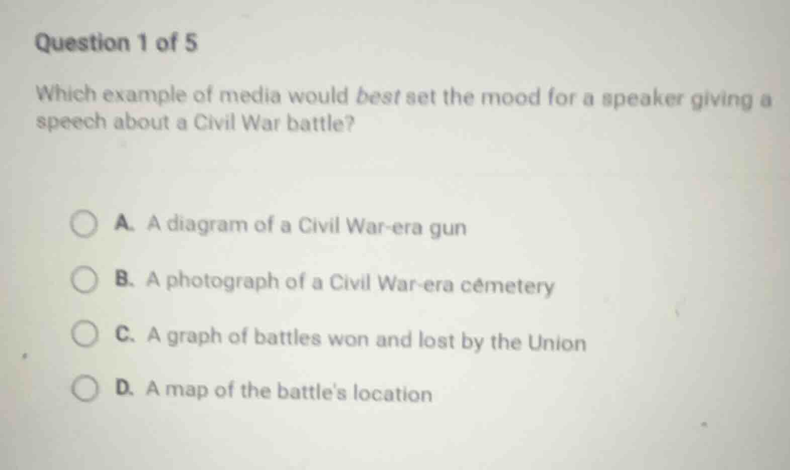 question 1 of 5 which example of media would best set the mood for a sp…