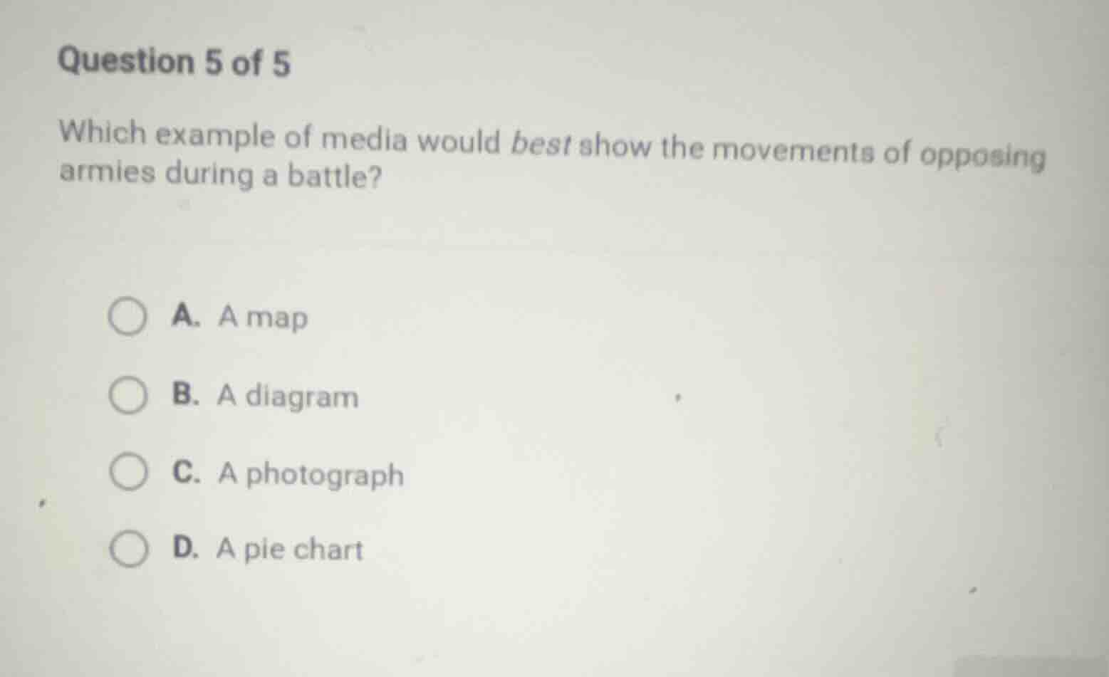 question 5 of 5 which example of media would best show the movements of…