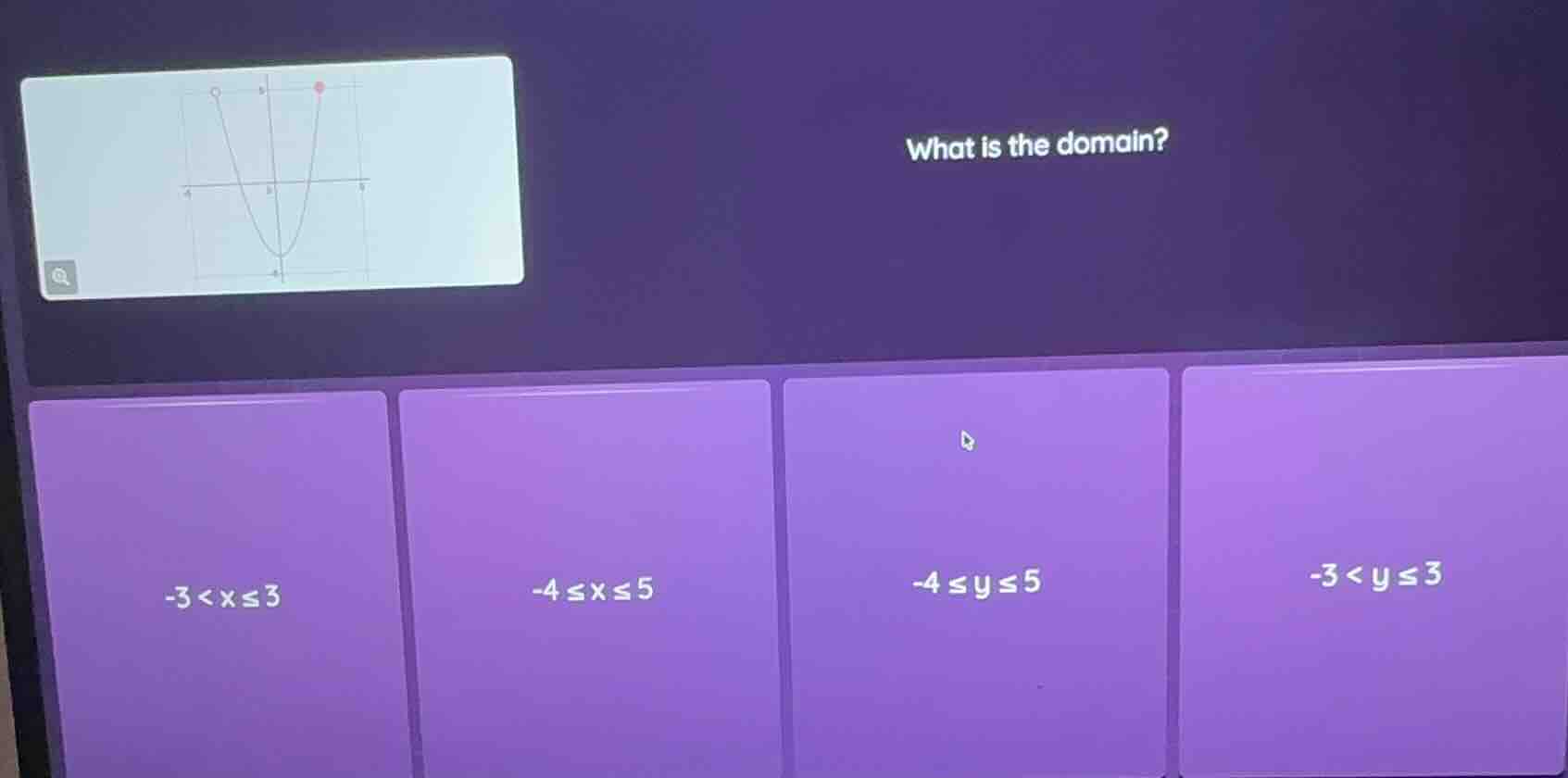 what is the domain? options: -3 < x ≤ 3, -4 ≤ x ≤ 5, -4 ≤ y ≤ 5, -3 < y…