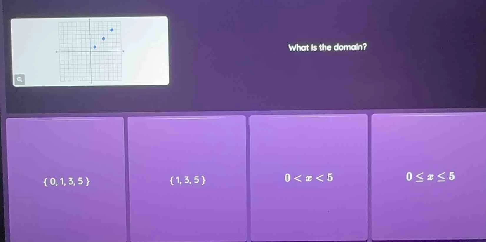 what is the domain? options: {0,1,3,5}, {1,3,5}, 0 < x < 5, 0 ≤ x ≤ 5 (…