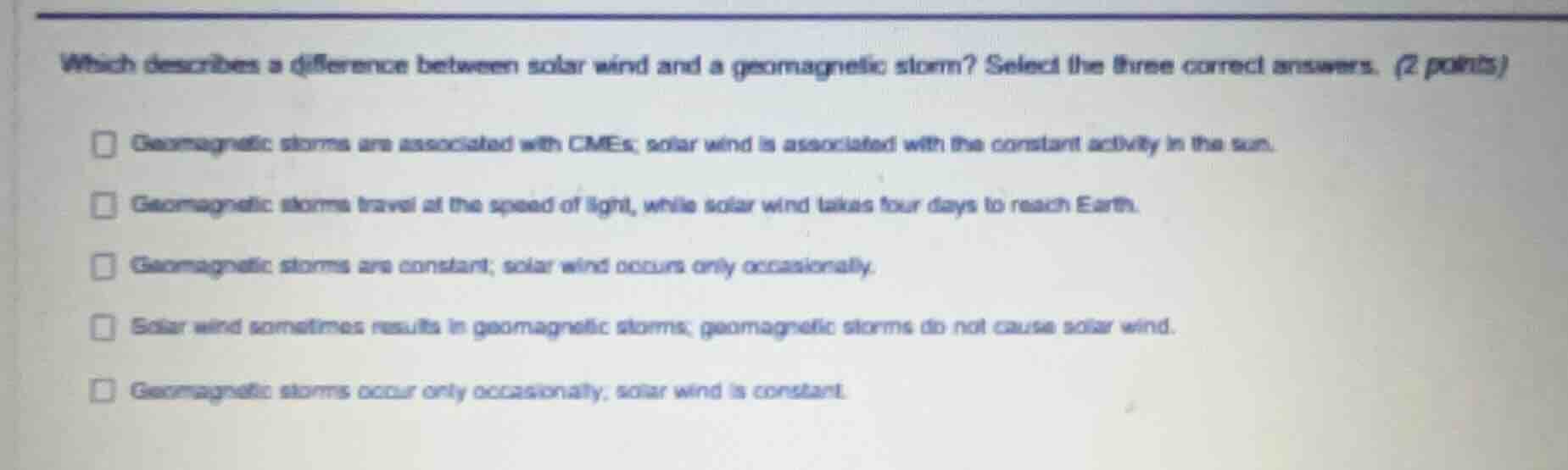 which describes a difference between solar wind and a geomagnetic storm…